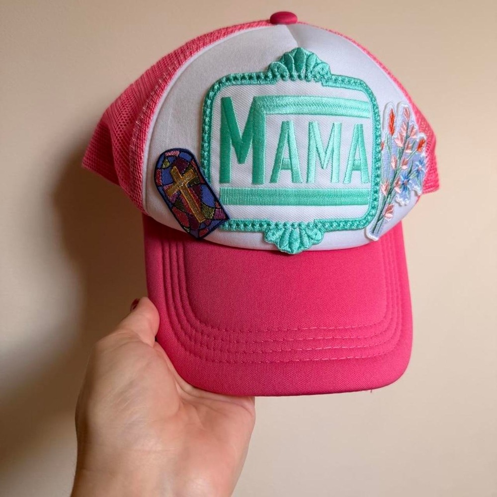 Pink Mama Embroidered Trucker Hat Floral Cross Patch Mesh Snapback Cap